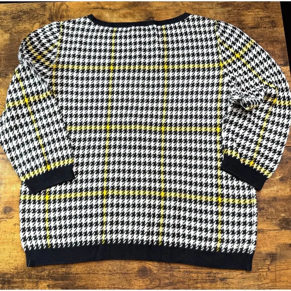 Ann Taylor Factory XL Houndstooth Plaid Sweater Black White Yellow Old Money EUC